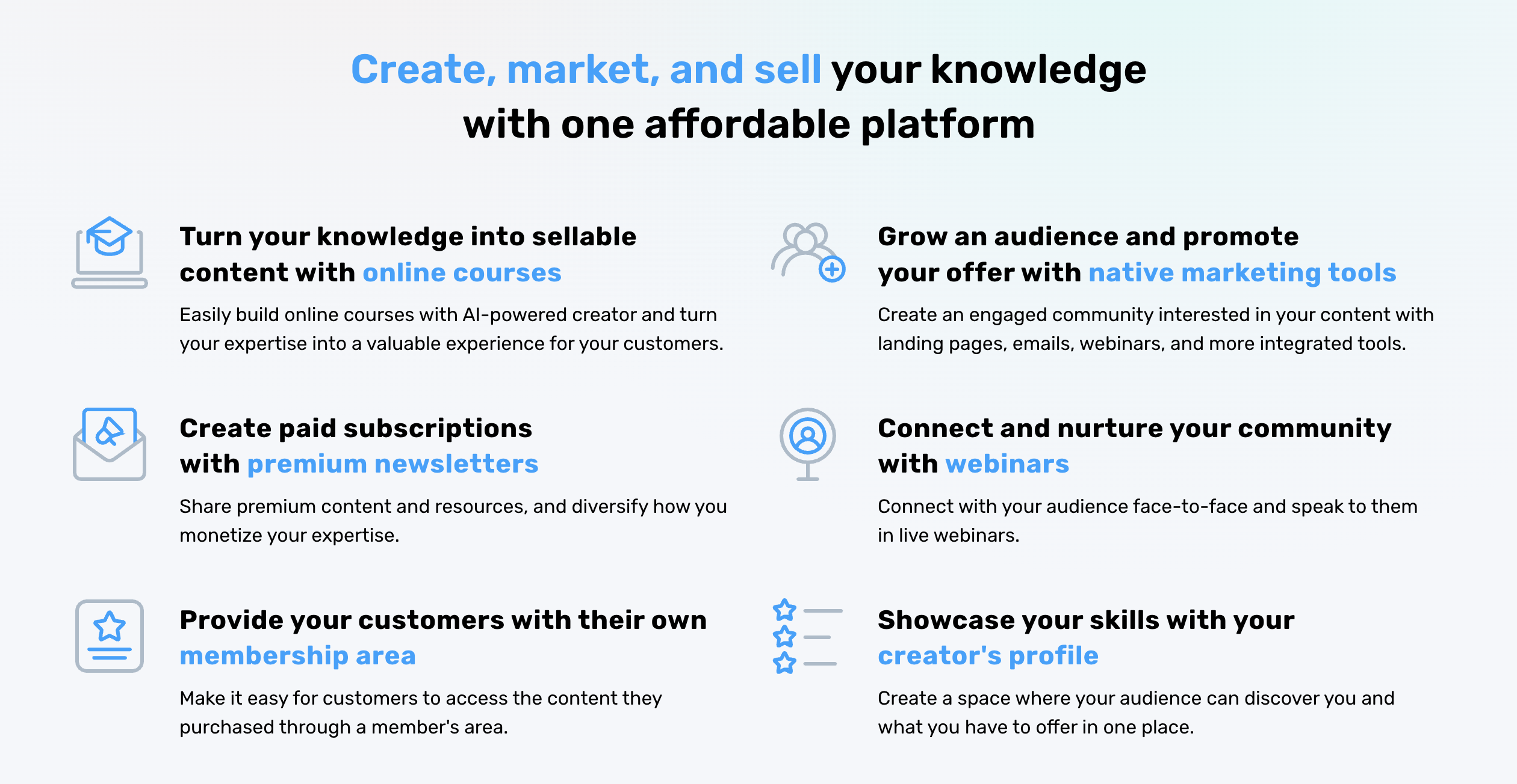 Create, market, and sell your knowledge
with one affordable platform